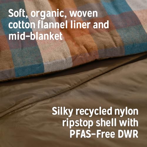 Image of Kelty Wayback Flannel Lined Sleeping Bag, Built in Blanket, Traditional Rectangle Shape, Organic Flannel Cotton Liner, Dual Locking Slide Zips