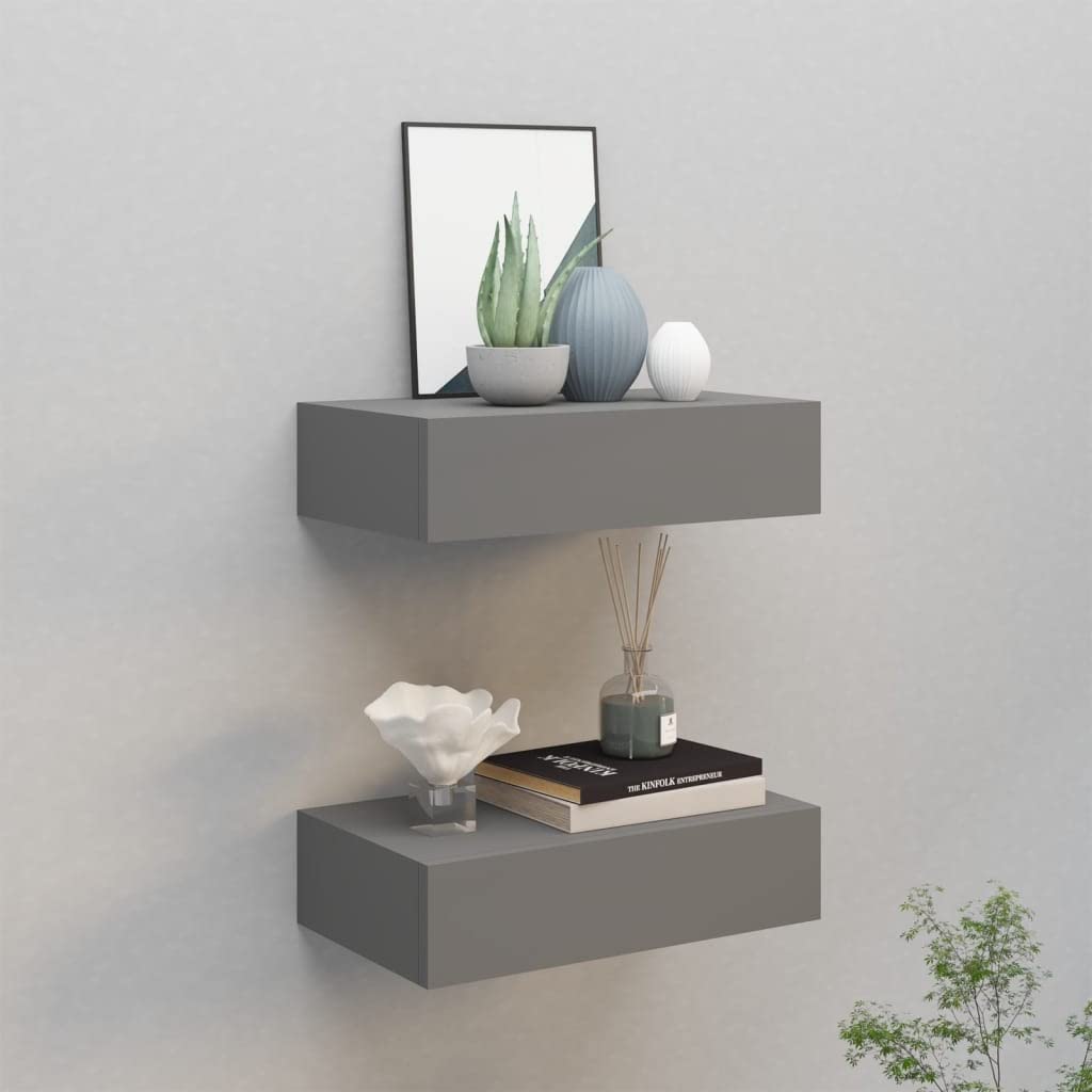 YUANCHUTOP Floating Shelf for Wall Storage Set of 2, Wall Mounted Bathroom Shelf with Drawer, Modern Wall Shelves for Bedroom, Living Room, Kitchen, Wall Decor, Plants, Books (Grey)