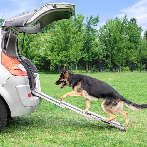 Hunderampe Auto Klappbar - Stabile und rutschfeste Hundeleiter Auto & SUV bis zu 90kg Belastbar - Teleskop Alu Rampe für große Hunde - Reflektierende Seiten - Hundetreppe - Befestigungsclip - Grau