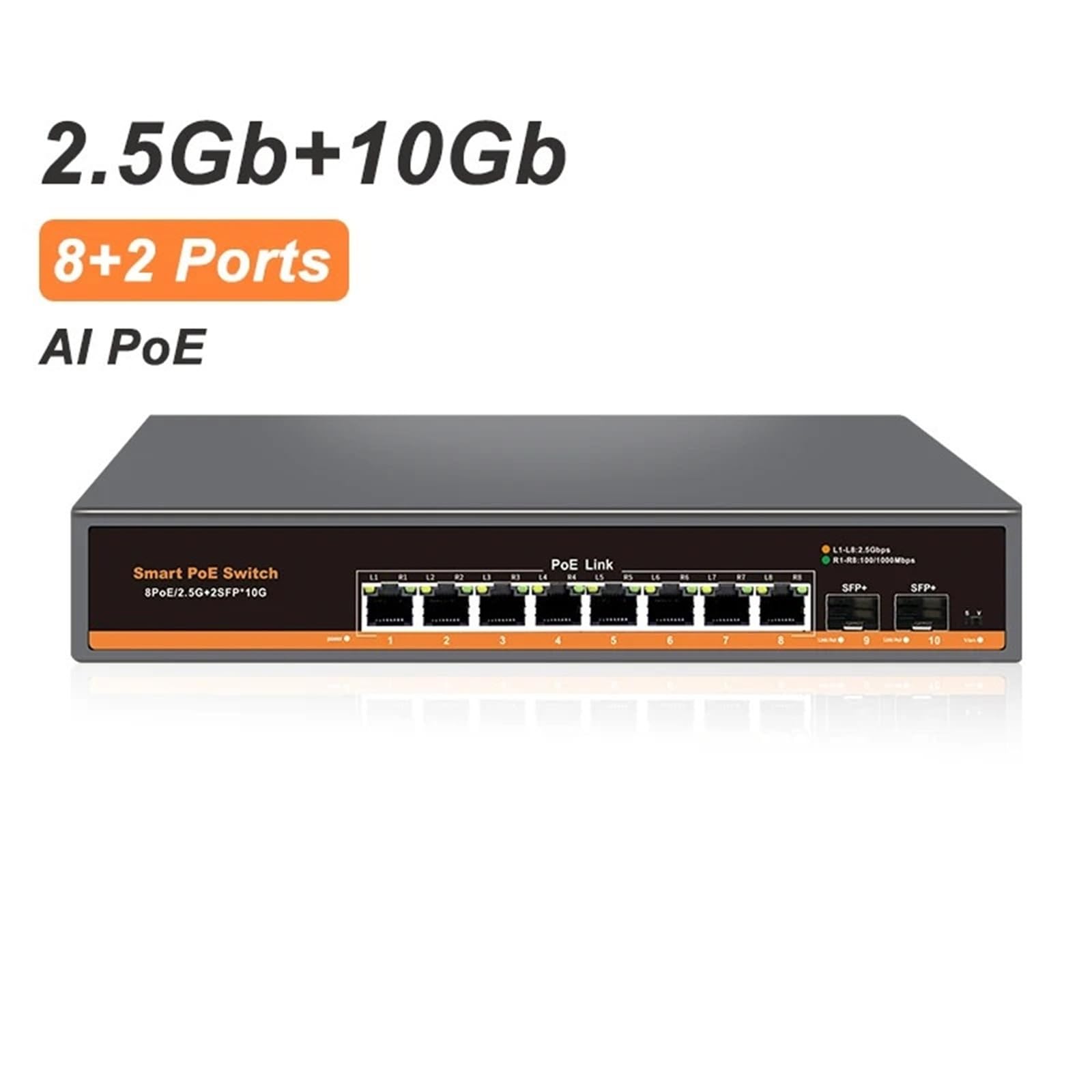 Commutateur Industriel Switch Ethernet Non géré Multi-gigabit à 10 Ports avec 8 Ports IEEE 802.3af/at PoE+ et 2 x 10 GB SFP+ for Liaison Montante(Switch with JP Adapter)