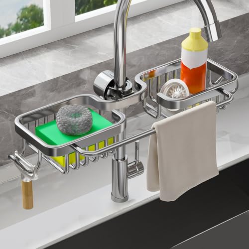 Reelyo スポンジホルダー スポンジラック たわしホルダー 防錆 水切り フック/バー付き 洗剤置き キッチン/シンク/洗面台に 収納 (シルバー, 水受けトレイなし)