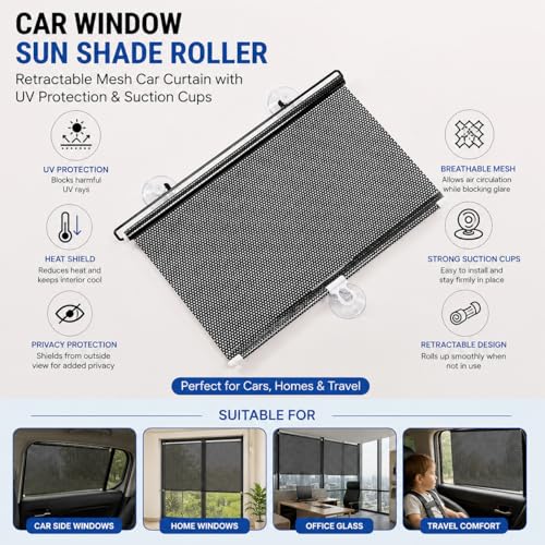Image of Car Window Sun Shade Roller with UV Protection | Retractable Mesh Car Curtain with Suction Cups for Side Windows and Home Glass | Heat Shield Privacy Cover for Travel