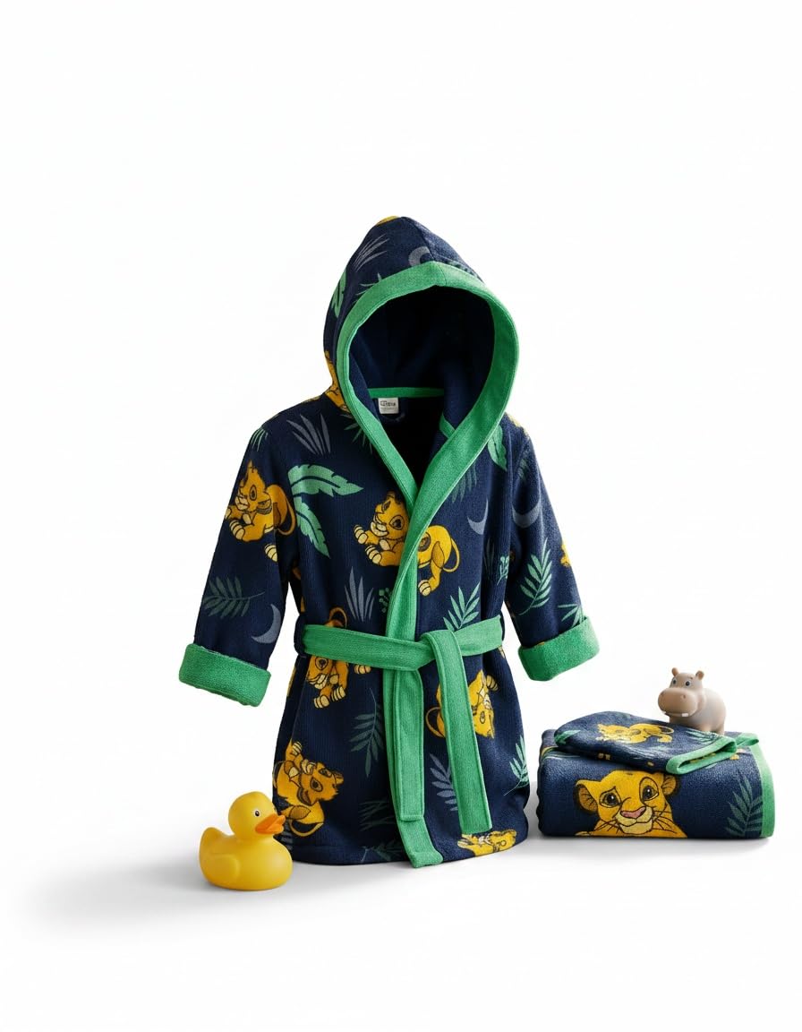 Aymax, Set Peignoir + Serviette + Gant Enfant Le Roi Lion Disney 7-8 Ans | Simba Bleu Marine Vert | Licence Officielle