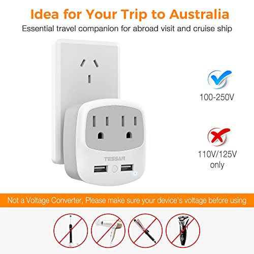 Image of TESSAN New Zealand Australia Plug Adapter, Type I Travel Adaptor with 2 USB Ports 2 American Outlets, US to Australian AU Fiji Argentina China Charger Power Converter