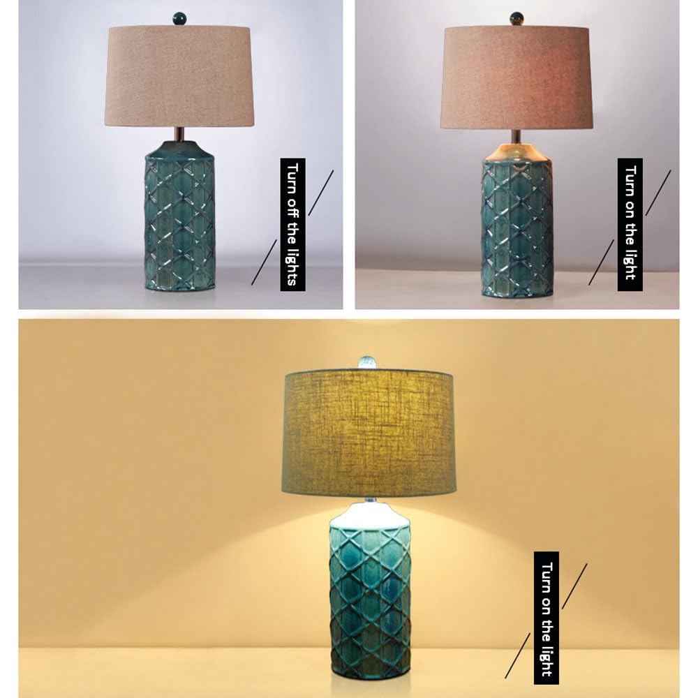 Zielone Ceramiczne Lampy Stołowe Do Sypialni I Salonu, Zielone Lampki Nocne W Kształcie Rombu Z Lnianym Abażurem, Małe Zielone Lampki Do Sypialni, Wystrój Domu I Biura
