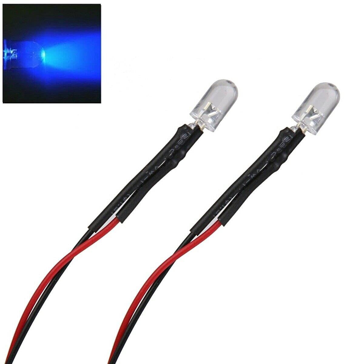 2X Blue LED Light Single Bulb Pre-Wired Light 5-12V 5mm Bright Round Top Clear