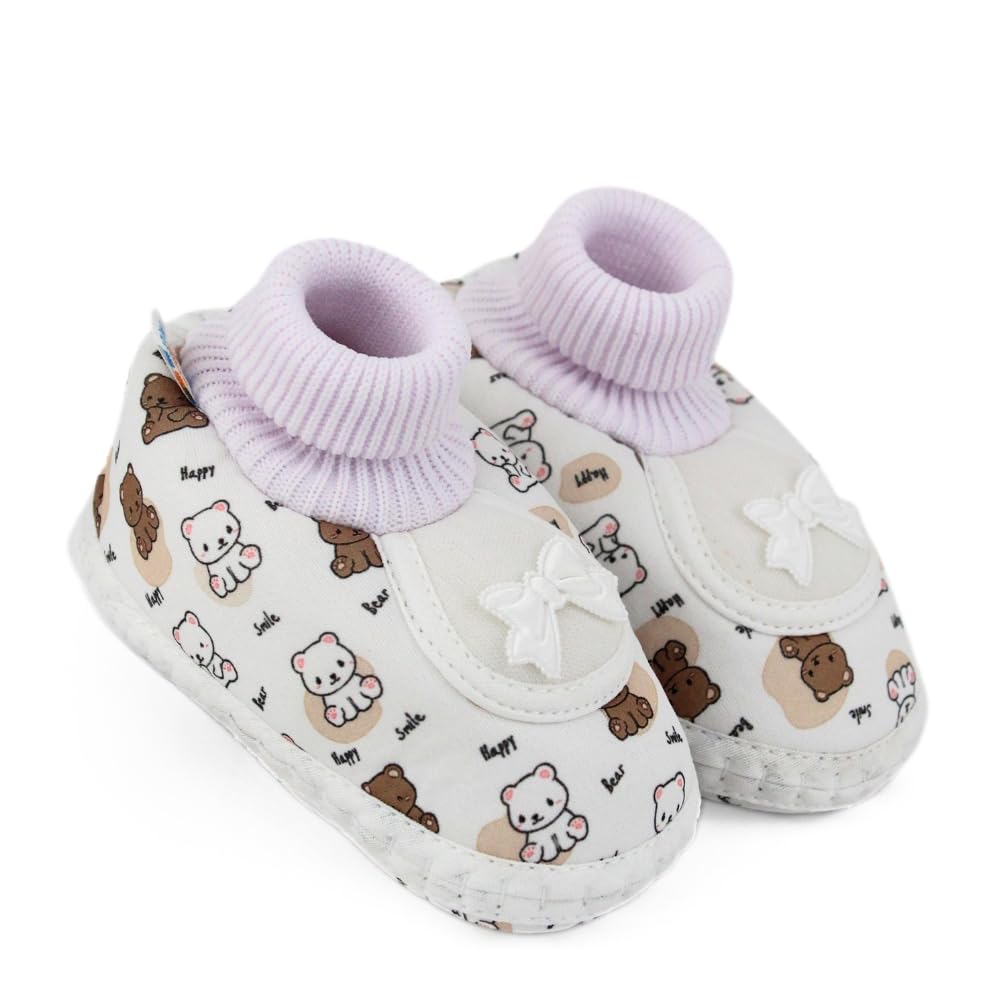 6 To 12 Months Baby Boys & Girls Teddy Printed Cotton Bow Pre-Walker Brown,White Slip-on Shoe Booties-BT5625-image-39