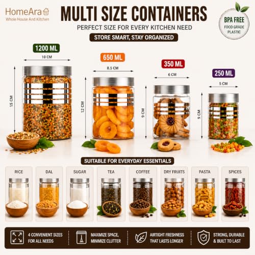 Image of Plastic Pet Storage Jar and Container, Set of 16 (4 ps x 250ml, 4 ps x350ml, 4 ps x 650ml, 4 ps x 1200ml) With Spoons Air Tight Kitchen Organiser Improved Model Silver line Printed