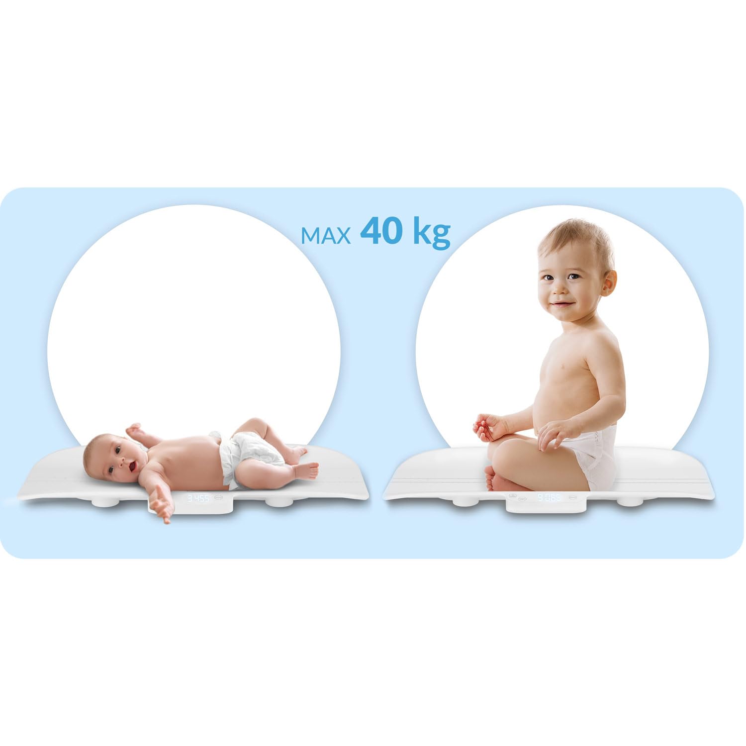 Nukido Bilancia per bambini, 40 kg, portata 5 grammi, precisione con funzione Tara Hold, scala di misurazione integrata, colore bianco