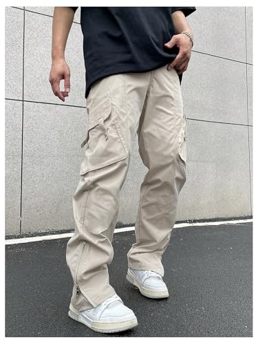 OYOANGLE Men's Drawstring Elastic Waist Side Slit Cargo Pants Straight Leg Flap Pockets Casual Hiking Trousers4