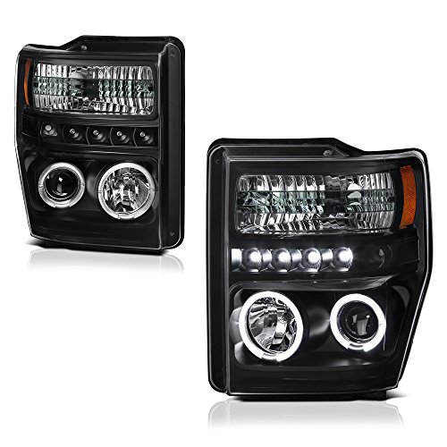 [For 2008-2010 Ford F-250 F-350 Super Duty Pickup Truck] LED Halo Ring Black Housing Projector Headlight Headlamp Assembly, Driver & Passenger Side
