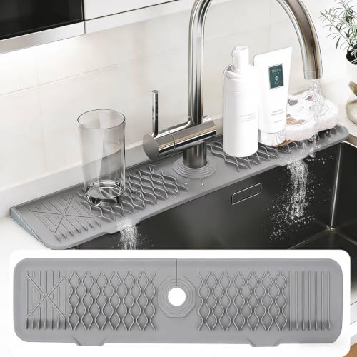 Image of EBIGIC 24 Inch Silicone Faucet Mat for Kitchen Sink, 7 Slope Fast Self-Draining Sink Splash Guard, Kitchen Sink Water Catcher Organizer, Kitchen Sink Accessories (Gray, 24''x5.6'')