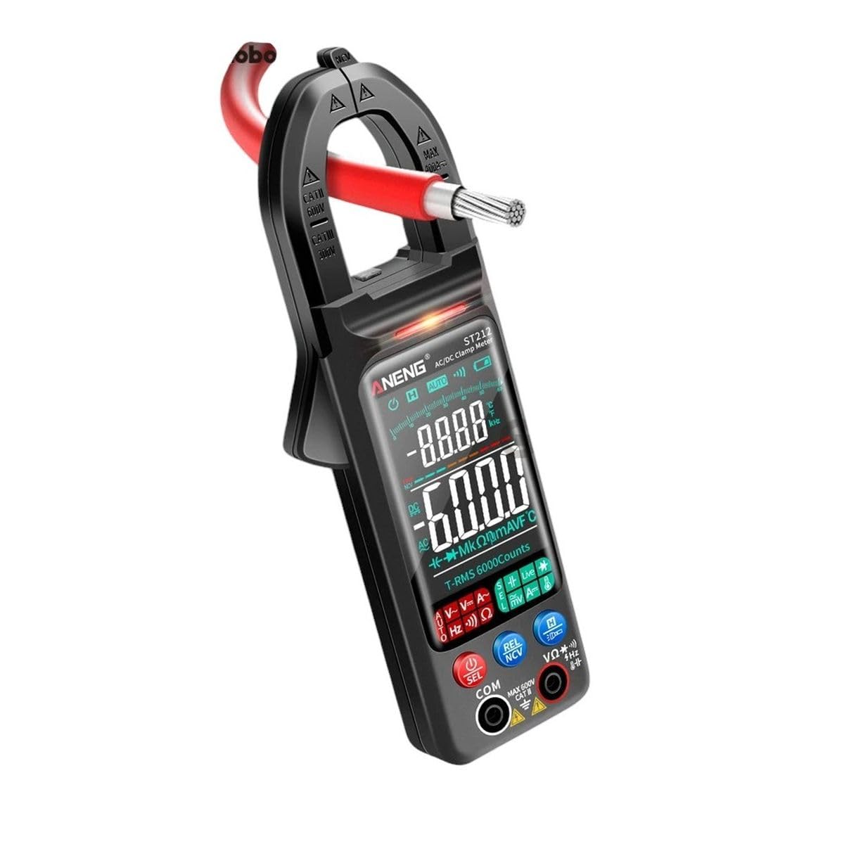 TAREMRJXISA Aneng ST212 Digital Clamp Meter with a red cable clamped.