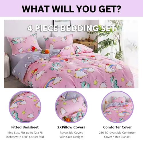 Image of Famyo King Size Bedsheet Set with 2 Pillow Covers, 250 TC Fitted Bedsheet & Comforter Cover (4pc Set) - Home Decor, 72x78 inches King Size Children Bedding, Cute Pink Unicorn & Rainbow Design | 4-Piece Set, 250 TC Fitted Bedsheet, 2 Pillow Covers, 72 x 78 in, Pink Unicorn & Rainbow Design, Soft Kids Bedding