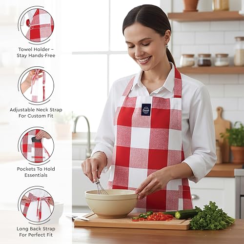 Image of Encasa XO 100% Cotton Apron Set for Women & Men with Adjustable Apron, Oven Gloves & Pot Holder (Pack of 3) Combo, Heat-Resistant, Soft & Durable for Cooking, Baking & Grilling (Buffalo Red Checks)