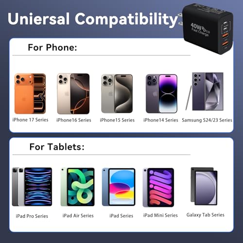 Image of USB C Wall Fast Charger Block, 40W 4-Port Type C Chargers Fast Charging Blocks PD Power Charger Adapter+QC 3.0 USB Multiport Charger Brick for Phone 17 /16 /15 /14 /13 /12 Pro Max, i-Pad, Galaxy S25-2Pack