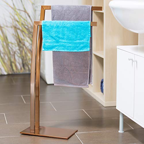 Relaxdays Handtuchhalter WIMEDO eckig H x B x T: ca. 80 x 32 x 20 cm freistehender Handtuchständer mit 2 Handtuchstangen und einem eckigen Standfuß als dekoratives Badaccessoire aus Edelstahl, kupfer