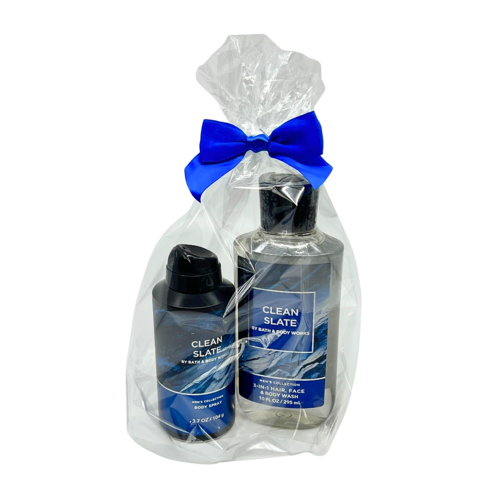 Bath & Body Works CLEAN SLATE 2pc bundle gift set for Men with a Blue Bow for Holidays & Gifts - Body Wash & Body Spray