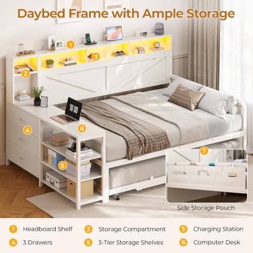 Image of MSmask Daybed with Trundle & 3 Storage Drawers, Full Size Day Bed Frame with Headboard & Charging Station, Farmhouse Wooden Bed Frame with LED for Bedroom and Guest Room, White