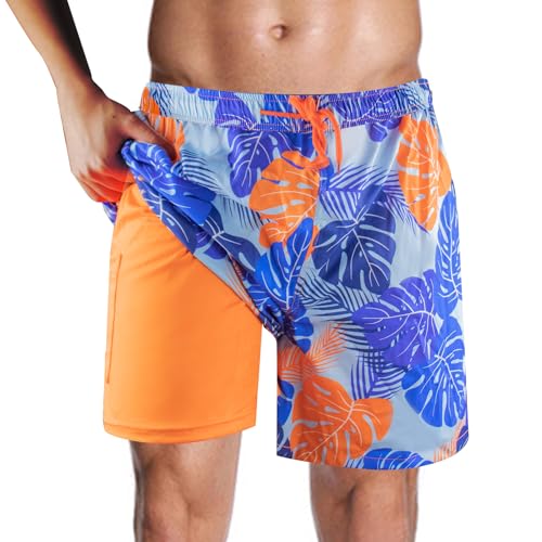 Milaloko Herren Badehose Schnelltrocknend Badeshorts Kurzen Strandhose Sporthose Schwimmhose Boardshorts mit Kompressionsfutter, Orange, M