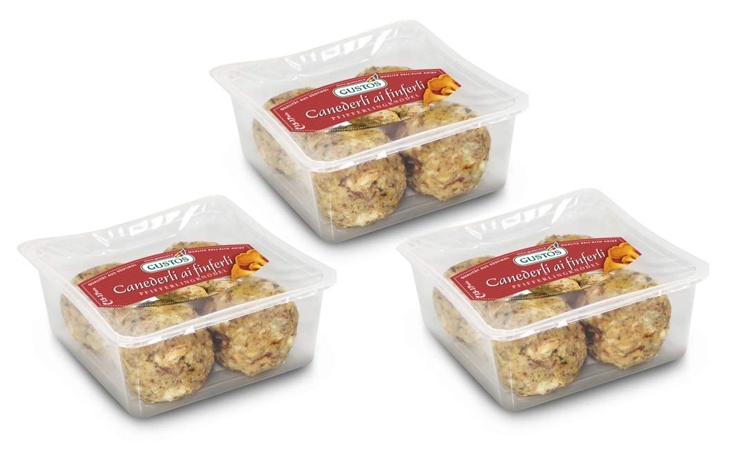 GUSTOS - 3 Packungen Pfifferlingsknödel von Gustos, jeweils 4 Stück. Die Knödel mit den leckersten Pilzen überhaupt, hergestellt nach traditionalem Rezept der Südtiroler Küche