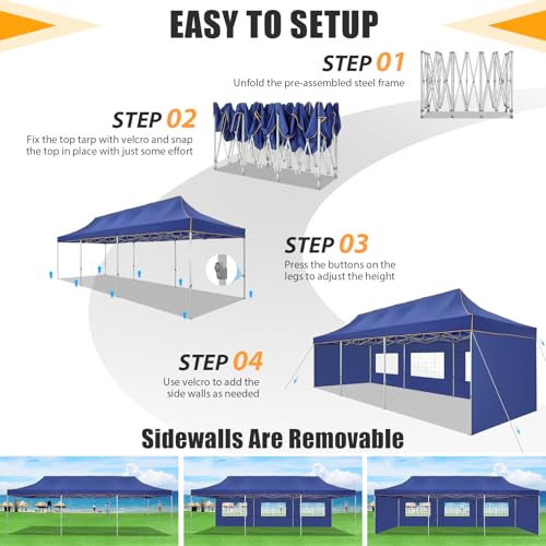 Image of HOTEEL 10x30 Heavy Duty Pop Up Canopy Tent with 5 Sidewalls&Wheeled Bag, Commercial Event Party Tent Wedding Instant Canopy Waterproof, Upgraded Thicked Hexagonal Legs, UV 50+, Deep Blue