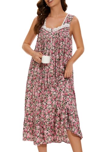 Image of AVIIER Cotton Nightgowns for Women Sleeveless House Dress Ladies Long Nightdress with Pockets S-XXL