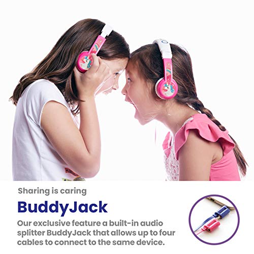 ONANOFF BuddyPhones Explore Foldable, Volume-Limiting Kids Headphones with Travel Bag, Built-In Audio Sharing Cable with Mic, Compatible with Fire, iPad, iPhone, and Android Devices, Pink