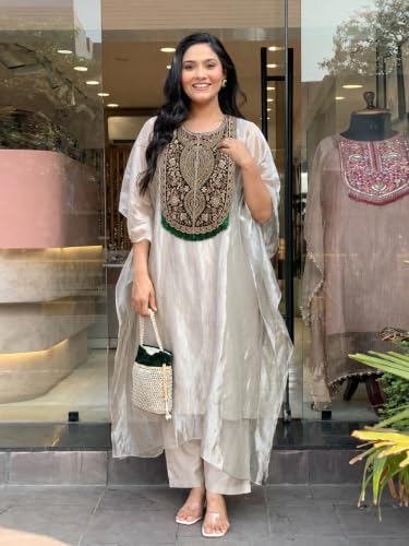 Image of GoSriKi Kurta Set for Women Glass Tissue Embroidered | Kaftan Kurti Set for Woman | Kurta Palazzo 2 Piece Outfit | Round Neck Kaftan Sleeve Ethnic Dress Stylish Womens Clothing
