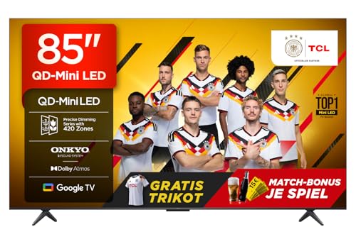 TCL 85 Zoll 85Q6C QLED Mini LED Fernseher, 4K HDR Premium, Dolby Vision IQ & Atmos, Onkyo 2.1, Smart Google TV, 144Hz Motion Clarity Pro, AMD FreeSync Premium Pro, HDMI 2.1, AirPlay 2