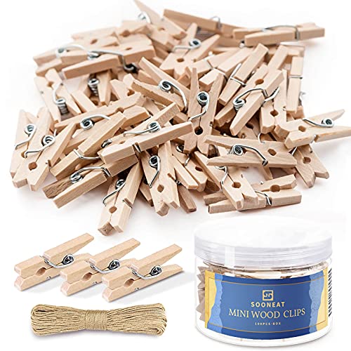 Mini-Clothes-Pins-for-Photo-Clothespins-Natural-Wooden-Clips-1-Inch-150-Pcs-Tiny-Crafts-Picture-Hanging-Pin-Small-Close-Pins-with-32-FT-Jute-Twine-String-Little-Baby-Shower-Game-Decorative-Pegs