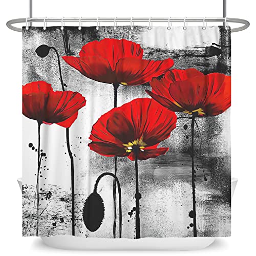 Arrebolart Red Poppy Shower Curtains for Bathroom Floral Flower Shower Curtain Red Black and White Vintage Fabric Bathroom Shower Curtain Set 72x72 Inch Polyester Waterproof with Hooks, (001)