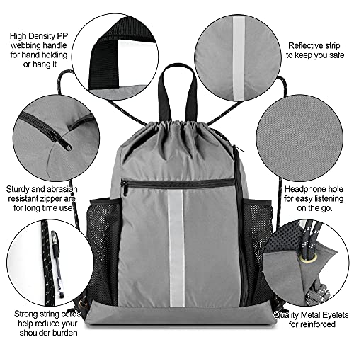 Image of BeeGreen Grey Drawstring Bag Pack Gym Sackpack w Shoe Compartment Two Water Bottle Holder Portable String Sinch Sack for Gymnastic Athletic Beach Travel