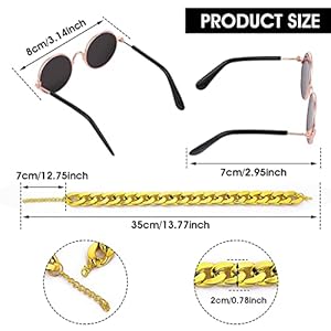 Cat Sunglasses Gold Chain Costume Decorations- Cat UV Protection Classic Retro Puppy Retro Black Sunglasses Faux Gold Adjustable Chain Cosplay Costume Cool Funny Photo Props