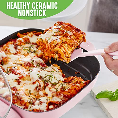 Greenlife Healthy Ceramic Nonstick, 12" 5Qt Square Electric Skillet With Glass Lid, Dishwasher Safe, Adjustable Temperature Control, Pfas-Free, Pink #TOP1