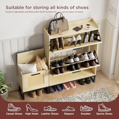 Image of Maupvit Shoe Cabinet Storage for Entryway with Bench, Rattan Narrow Shoe Cabinet with 2 Flip Drawers, Natural Oak Wooden Shoe Rack Slim Shoes Storage Organizer for Hallway, Entrance