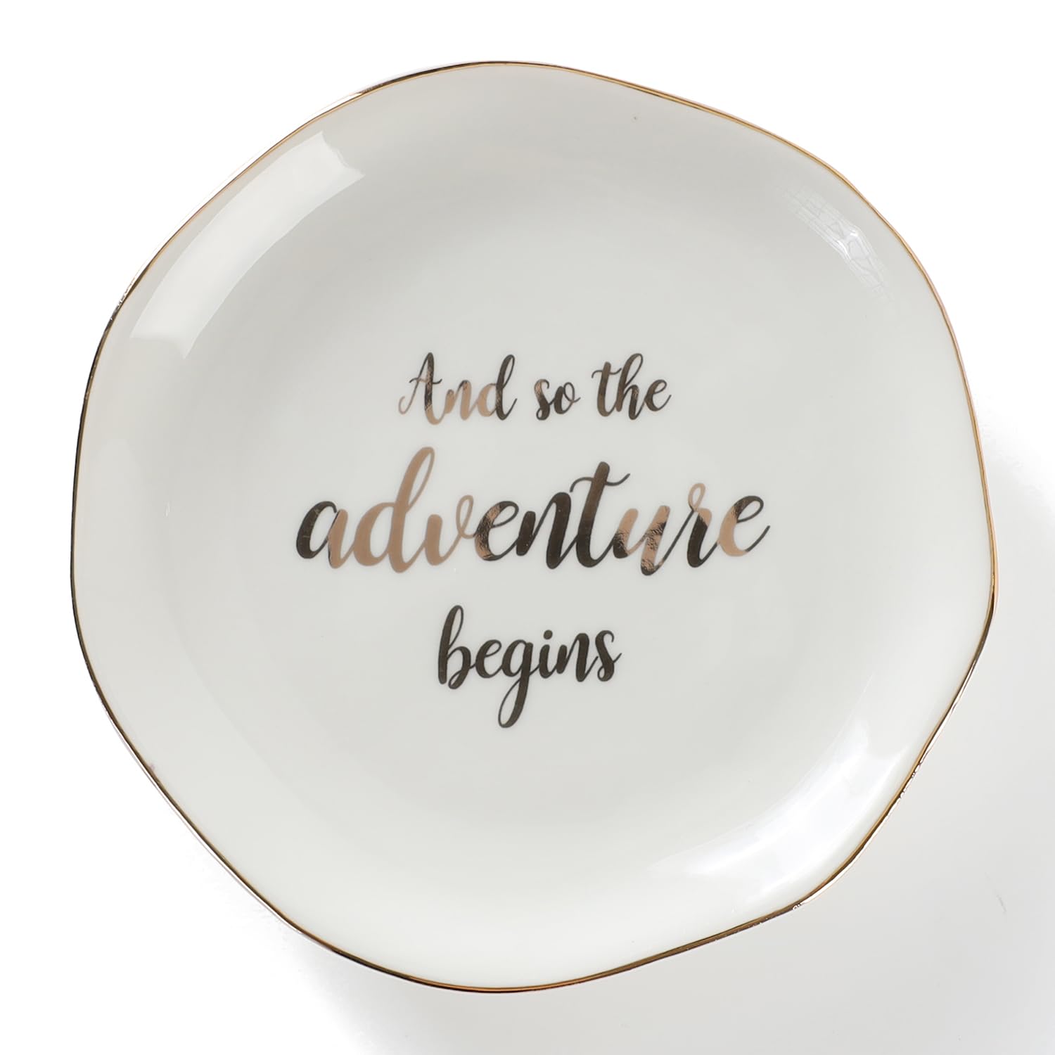 HOME SMILE And So The Adventure Begins Ring Dish-Inspirational Bridal Shower, Bachelorette Party, Engagement Wedding Gifts, Congratulation Present for New Chapter,Ceramic White