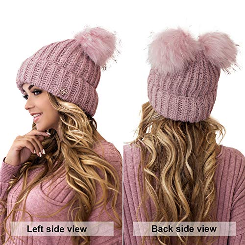 Braxton Beanie Women - 2 Pom Cable Knit Winter Warm Fleece Hat - Wool Snow Cuff Pink Ski Cap #TOP2