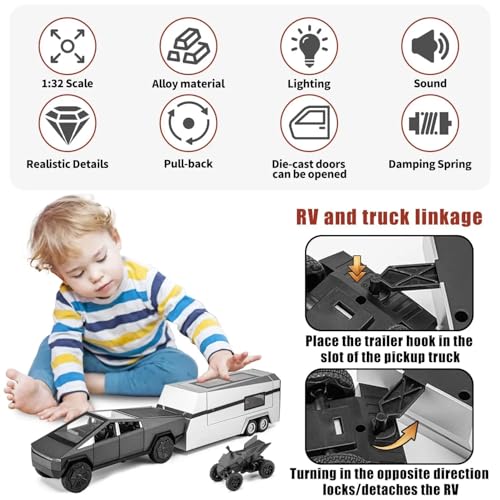 Image of 1:32 Scale Die-Cast Tesla CyberTruck with Pick-Up Trailer with 6 Openable Doors Pull Back Toy Car with Lights & MusicToy Car Gift for Kids (1:32 Cybertruck Trailer - Random Color)