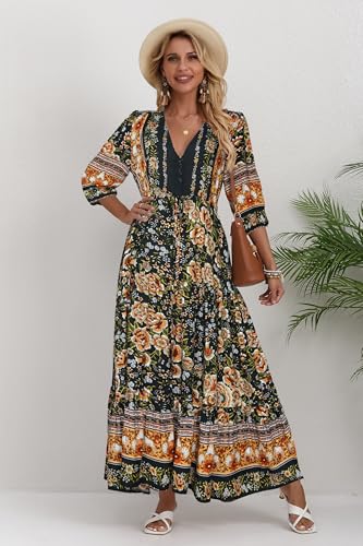 Image of Women Short Sleeve V Neck Floral Print Casual Bohemian Maxi Dresses