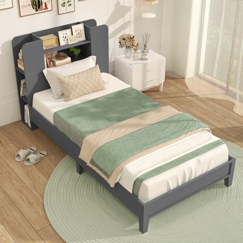COSTWAY Twin Bed Frames with Storage Headboard, Kids Bed Frame with Plywood Slats Support, No Box Spring Needed (Grey)