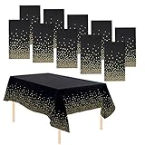 GIVIDORA 10 Pack Dot Table Covers - Disposable Plastic Tablecloths for Indoor/Outdoor Parties - Wipeable, Waterproof - Black & Gold (137 * 274 cm)