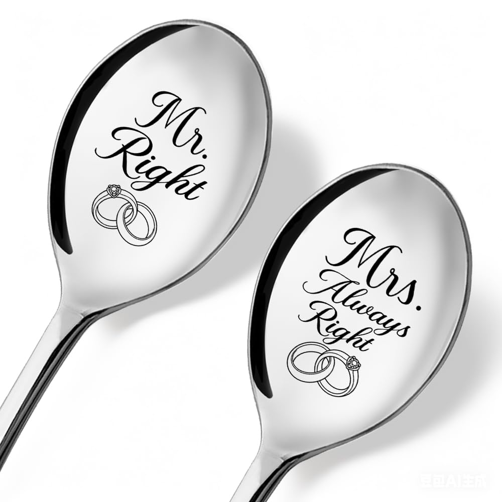 Mr Right Mrs Always Right Anniversary Engraved spoon - 2 Pcs Spoon Set, Our Ice Cream Scoops, Perfect for His Her Wife Husband Couples - Anniversary Proposal Engagement Wedding Shovel Gifts