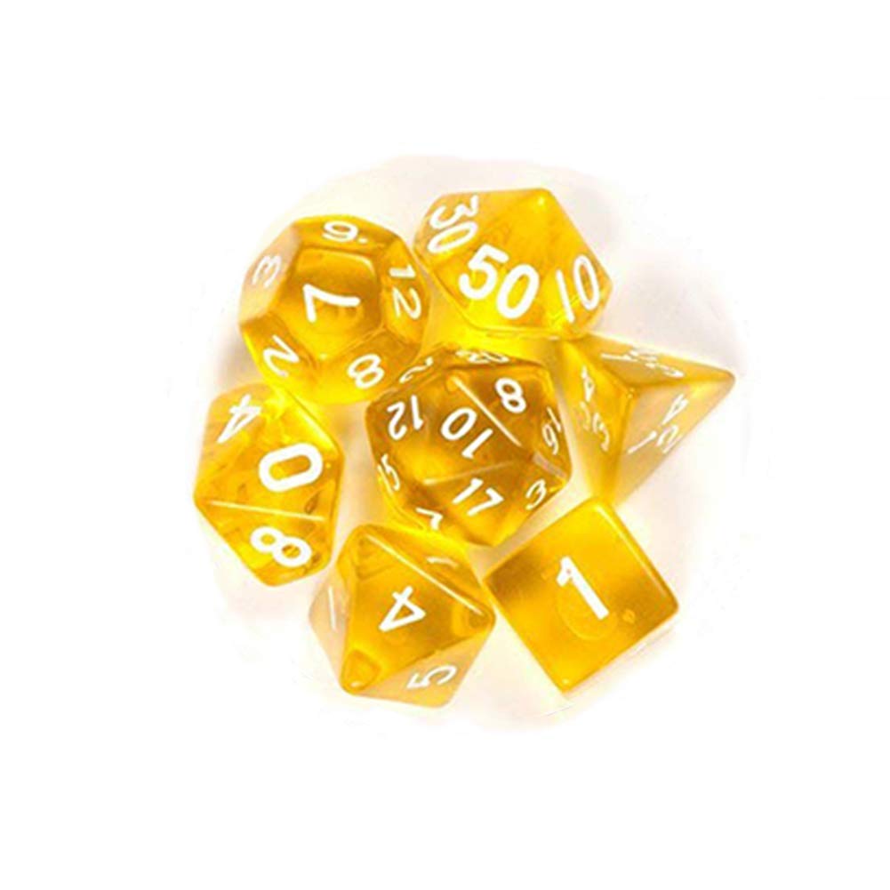 XuBa 7Pcs/Set Translucent Polyhedral Dice Set for Dungeons Dragons Pathfinder D&D RPG (D4 D6 D8 D10 D12 D20 D%) Birthday Christmas Xmas Gift Present for Kids Yellow