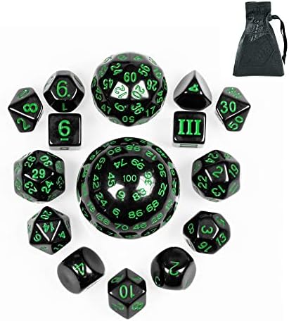 Poludie 15 Pieces Complete Polyhedral DND Dice Set D3-D100 Spherical D&D Dice Set,D100 Dice for Dungeons and Dragons, RPG, MTG Table Games(Black Green)