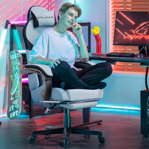Image of GTPLAYER Gaming Chair, Computer Office Chair Lumbar Support, Linkage Armrests and Footrest, Ergonomic Game Chair for Adults with Extended Backrest, Velvet Fabric, Light Blue