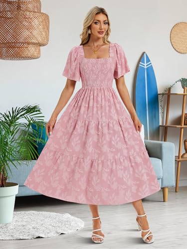 Image of Women's Summer Dresses 2025 Casual Maxi Dresses Boho Floral Short Sleeves Square Neck Beach Vacation with Pockets