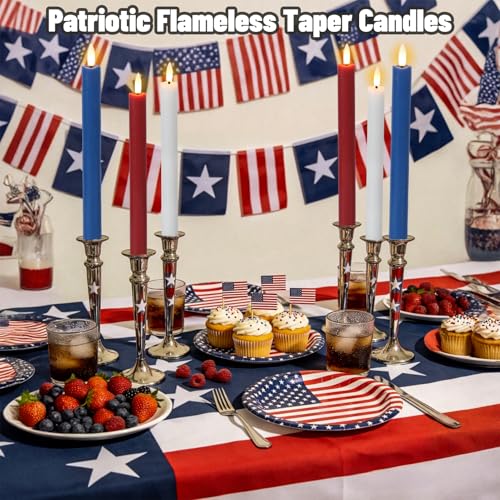 Image of Wondise Patriotic Candles Flameless Taper Candles with Remote & Timer, Red White and Blue Candles Battery Operated 3D Wick Real Wax LED Flag Candles for Independence Day Decoration