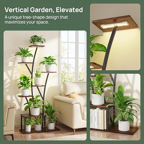 Image of Quikraen 7 Tier Tall Plant Stand with Grow Light For Indoor Plants Growing 60in Indoor Flower Stand Tree-Shaped Plant Shelves for Living Room Patio Black