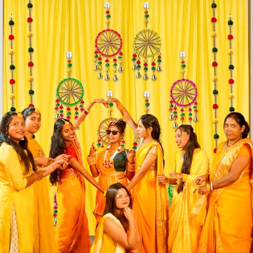 Image of Party Propz Yellow Backdrop Cloth for Decoration with Pom Pom Hangings - 18Pcs Haldi Decoration Items for Home Decor, Haldi Backdrop Decorations Set, Pooja, Wedding Decor